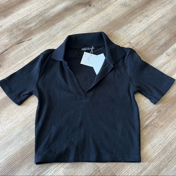 Zara Black Cropped Polo Top - Picture 4 of 8
